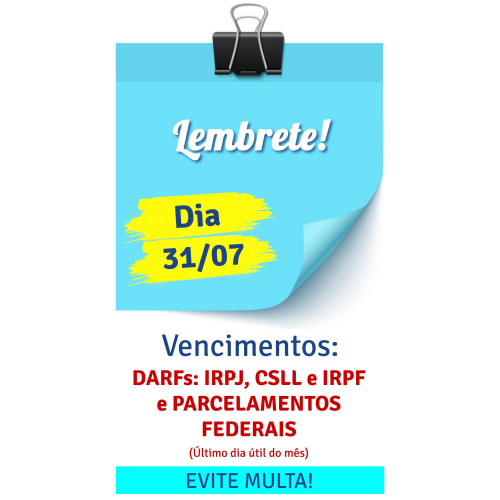 Vencimentos do Dia: IRPJ, CSLL, IRPF, IOF e PARCELAMENTOS FEDERAIS